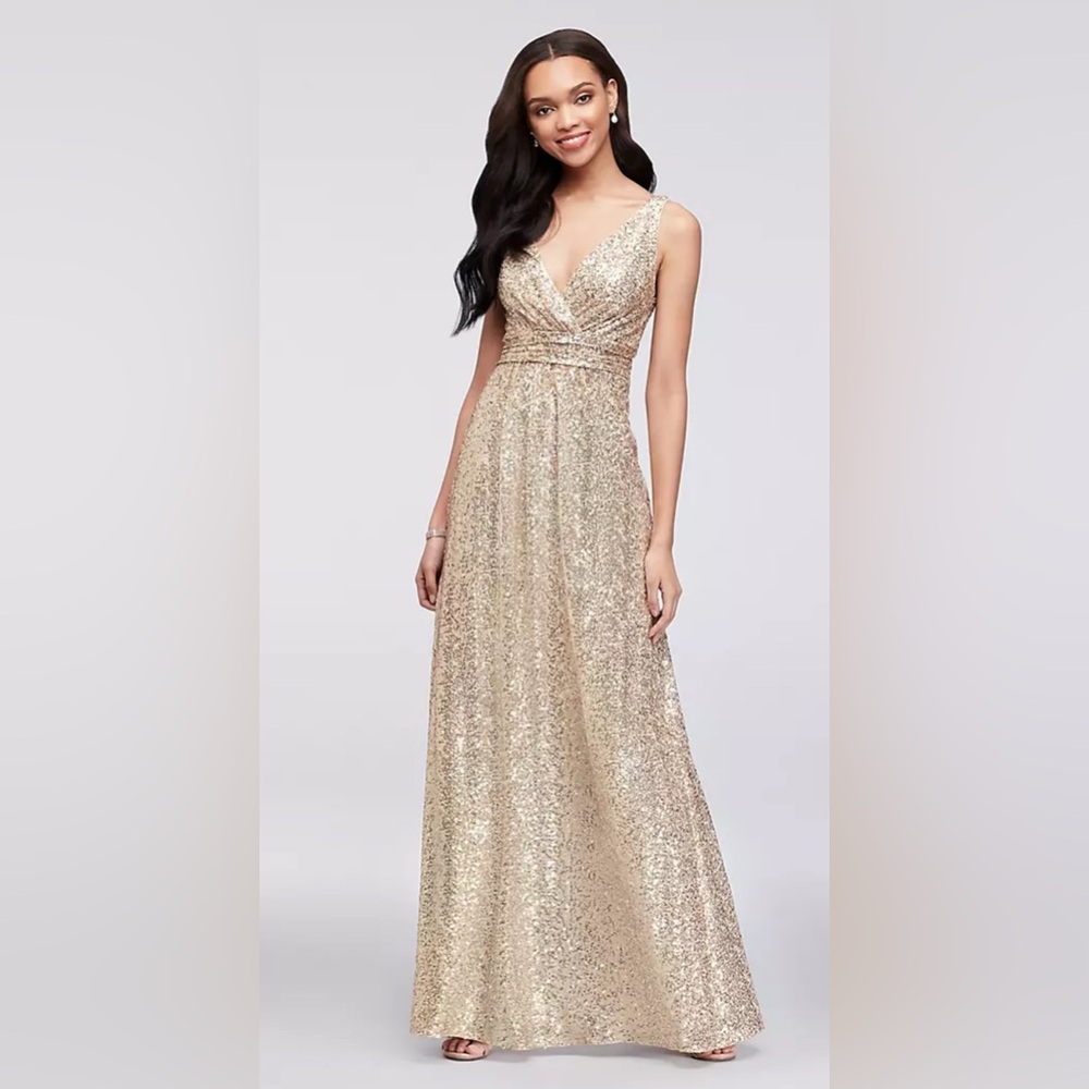 David’s Bridal Sequin V-Neck Bridesmaid Dress with Satin Piping